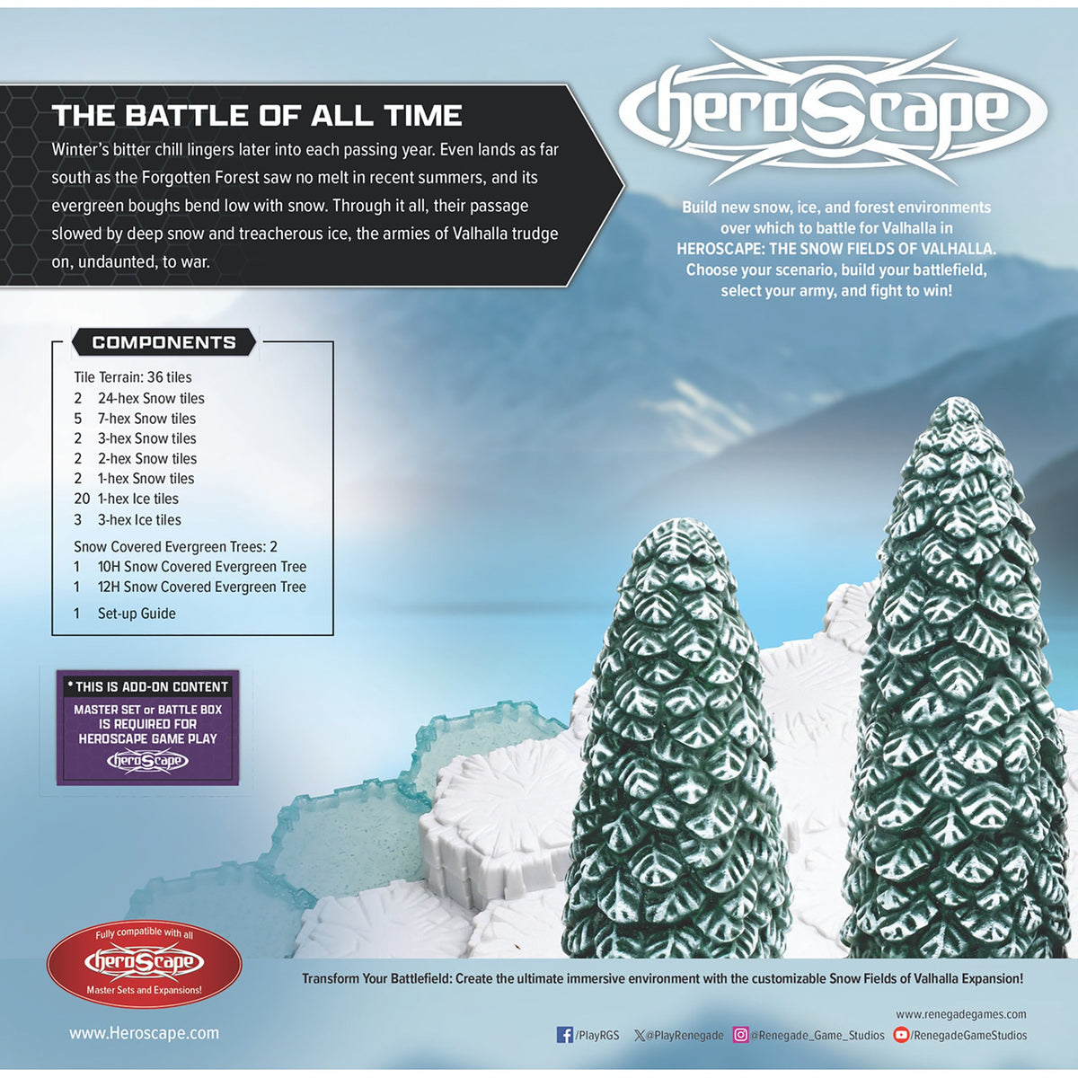 Renegade Games: Heroscape: The Snow Fields of Valhalla Terrain Expansion - 36 Hex-Tiles, 2 Tree Miniatures, Build Snow-Ice- Forrest Environments