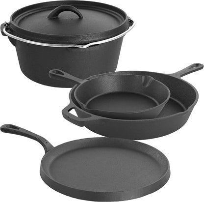 MegaChef Pre-Seasoned Cast Iron 5-Piece Kitchen Cookware Set, Pots and Pans