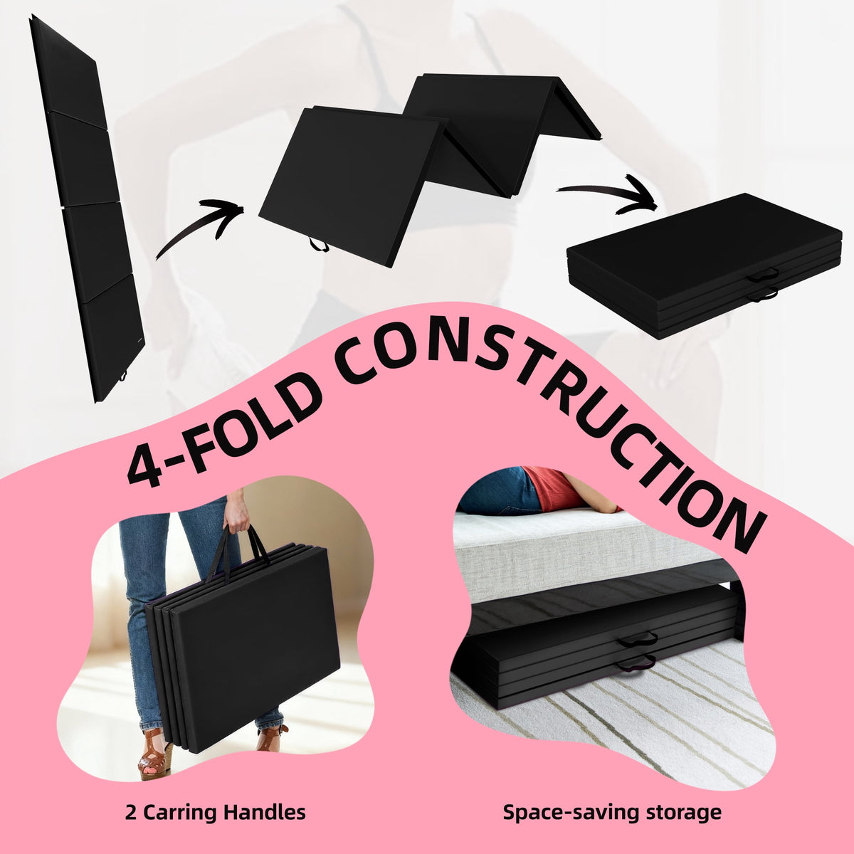 Signature Fitness 4ft x 8ft x 2in Folding Gymnastics Mat, 4-Panel Exercise Mat with Handles, PVC Leather + EPE Foam, Multiple Colors