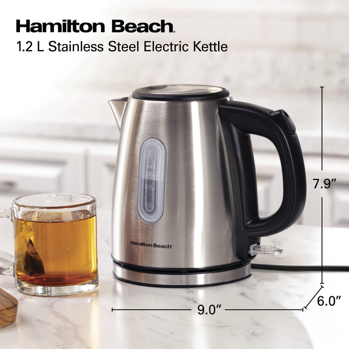Hamilton Beach 1.2L Electric Kettle, 1500 W, Electric Tea & Water Kettle with Auto Shut-Off, Boil-Dry Protection & Water Monitor, Stainless Steel