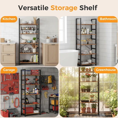Gianna 5 Tier Bookshelf, Free Standing Shelf, Bookcase Shelf Storage Organizer, Industrial Book Shelves for Home Office, Living Room, Kitchen, Rust Brown