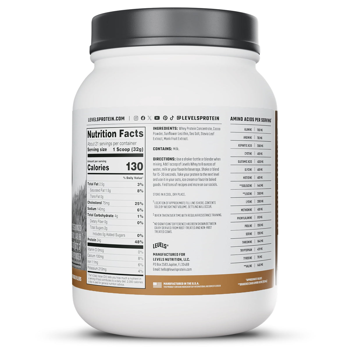 Levels Grass Fed Whey Protein Powder, No Artificials, 24g of Protein, Double Chocolate, 1.48 lbs