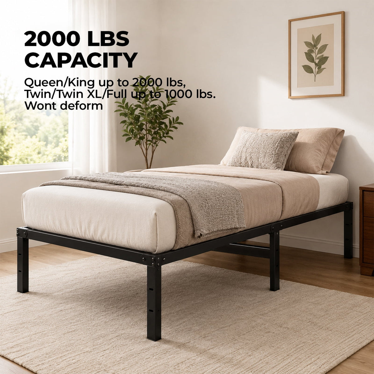 Alvantor Metal Bed Frame 16 Inch Tall, Heavy Duty Sturdy Mattress Foundation, No Box Spring Needed, Easy to Assemble, Under-bed Storage Space, Black