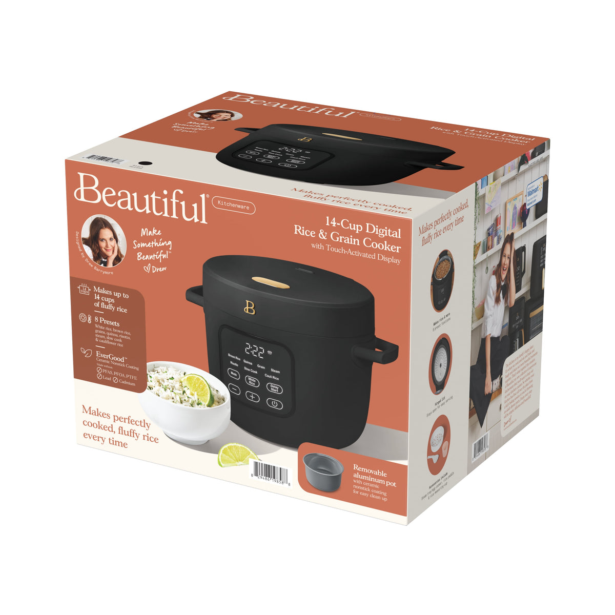 Beautiful 14-Cup Cooked, 6-Cups Uncooked Electric Rice and Grain Cooker, EverGood Ceramic Nonstick Coating, Black Sesame by Drew Barrymore