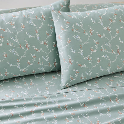Better Homes & Gardens 4-Piece 300 Thread Count Lysia Floral Green River Cotton Sateen Bed Sheet Set, Queen