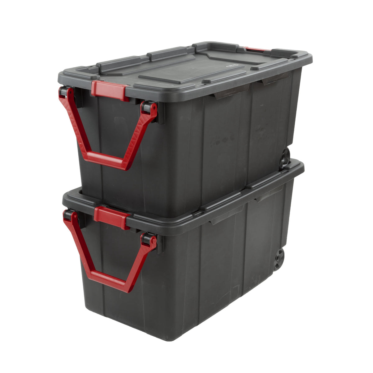 Sterilite Extra-Large Wheeled Industrial Storage Bin, 40 Gallon Durable Plastic Storage Tote with Latching Lid and Pull Handle, Black, 2 Pack