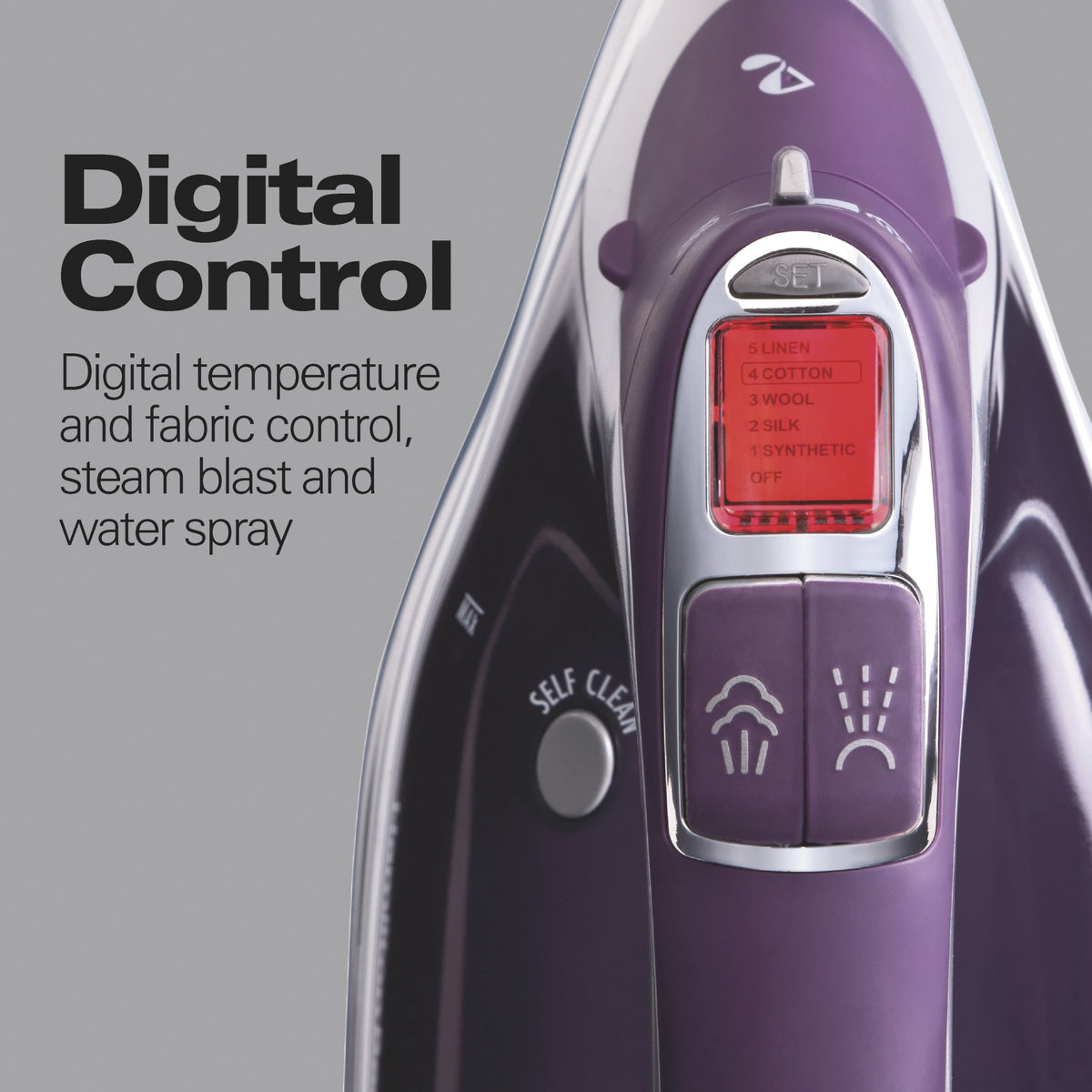 Hamilton Beach Durathon Digital Steam Iron for Clothes with Nonstick Soleplate, Retractable Cord, Anti-Drip, Auto Shut-Off, Digital Controls, 1700W, Silver