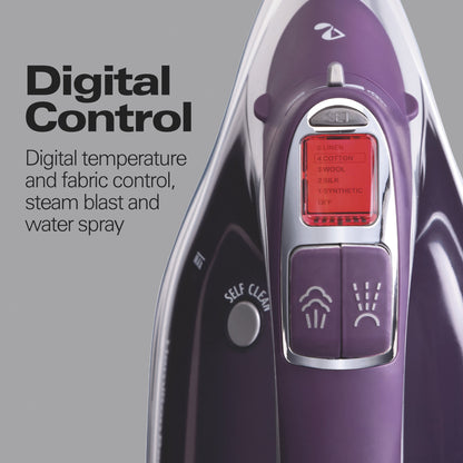 Hamilton Beach Durathon Digital Steam Iron for Clothes with Nonstick Soleplate, Retractable Cord, Anti-Drip, Auto Shut-Off, Digital Controls, 1700W, Silver