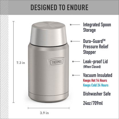 Thermos Vacuum Insulated Food Jar w/ Folding Spoon, 24oz, Matte Stainless, Well Suited to Hot or Cold Meals Away from Home, Made for Portable Food Storage