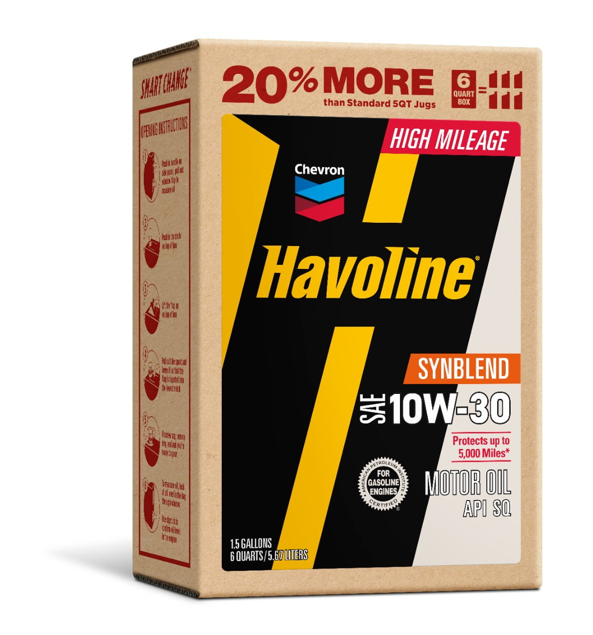 (2 pack) Chevron Havoline High Mileage Synthetic Technology Motor Oil 10W-30, 6 Quart Smart Change Box