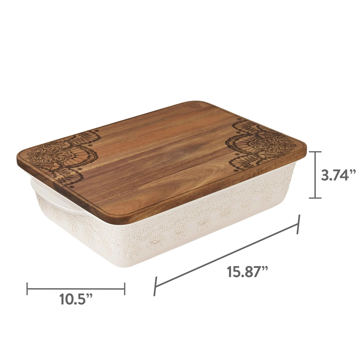 The Pioneer Woman Vintage Lace 13" x 9" 6 qt Linen Ceramic Casserole Baking Dish, with Wood Lid