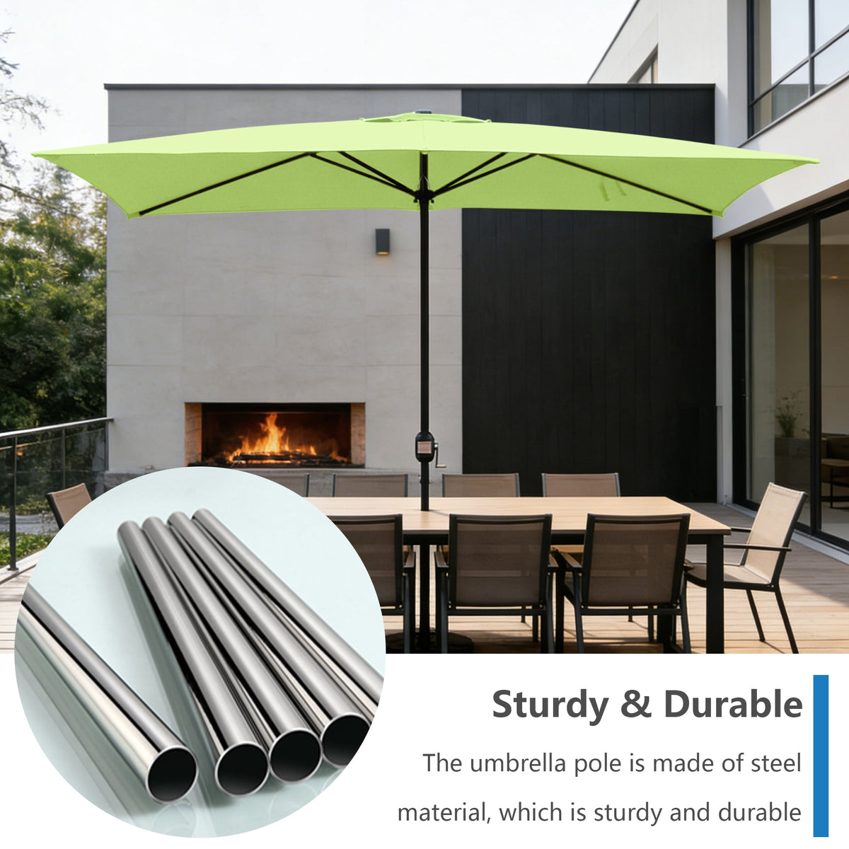Abble 10x6.5ft Rectangular Patio Umbrella with Crank Handle, Outdoor Market Umbrella with 6 Sturdy Umbrella Ribs, Waterproof, Green