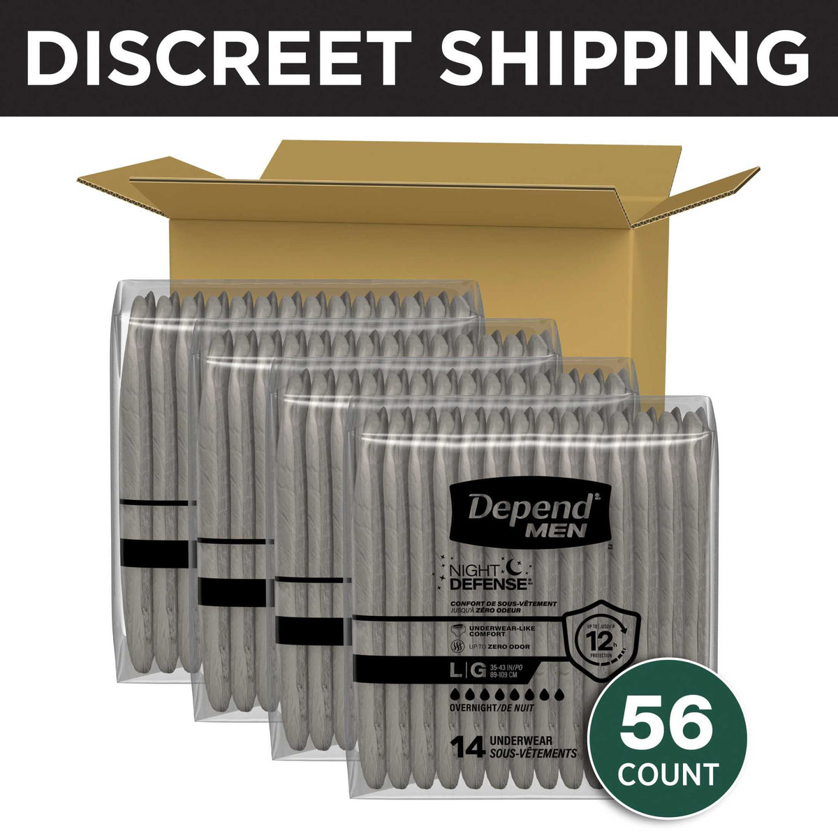 Depend Night Defense Incontinence Underwear for Men, Adult Diapers, L (56 Count)