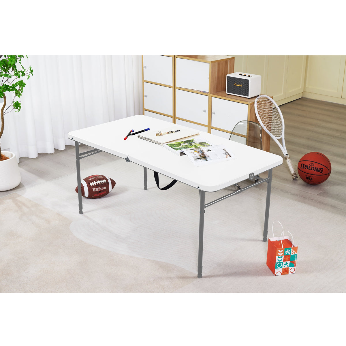 Mainstays 4 ft Adjustable Height Fold-in-Half Centerfold Folding Table, White