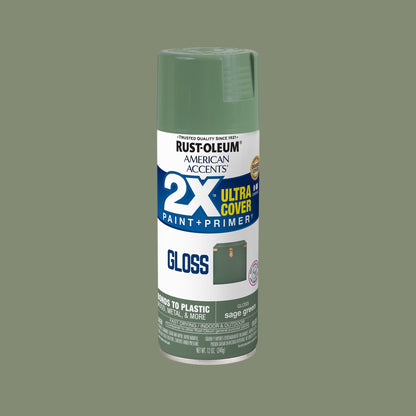 (6 pack) Sage Green, Rust-Oleum American Accents 2X Ultra Cover Gloss Spray Paint-376180, 12 oz