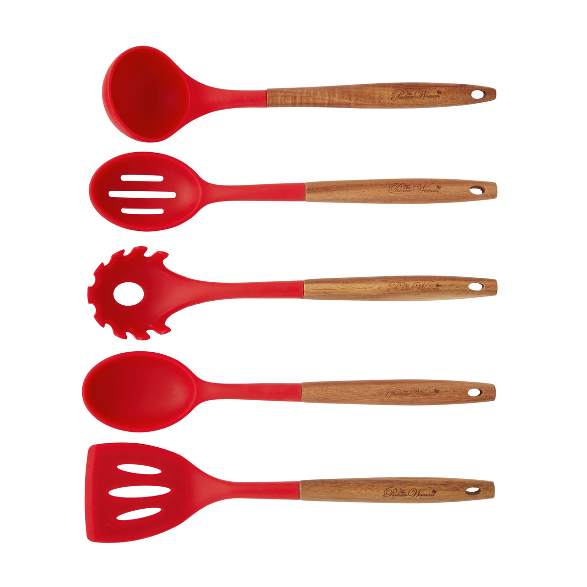 The Pioneer Woman 10-Piece Silicone Kitchen Utensil Set with Acacia Wood Handles, Red