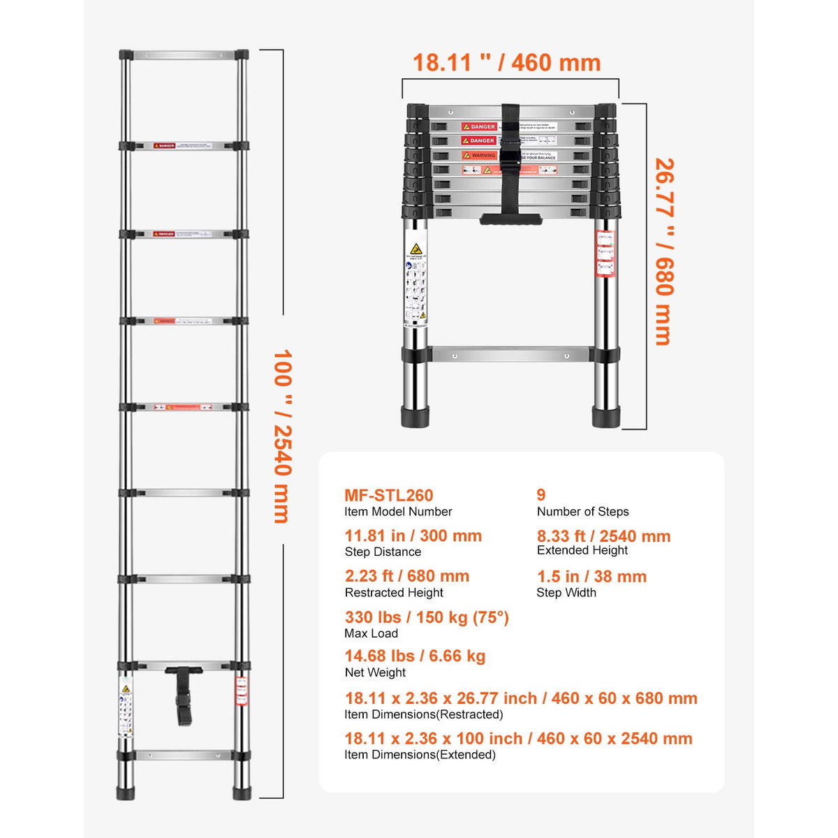 KFFKFF 8.5ft Telescoping Ladder, Stainless Steel Lightweight Extension Ladder with Multi-Button Retraction, 330LBS Load Capacity, Non-Slip Feet, Portable 9-Step Ladder for Home, RV, and Loft