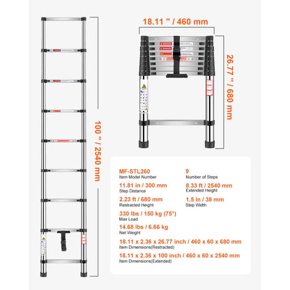 KFFKFF 8.5ft Telescoping Ladder, Stainless Steel Lightweight Extension Ladder with Multi-Button Retraction, 330LBS Load Capacity, Non-Slip Feet, Portable 9-Step Ladder for Home, RV, and Loft
