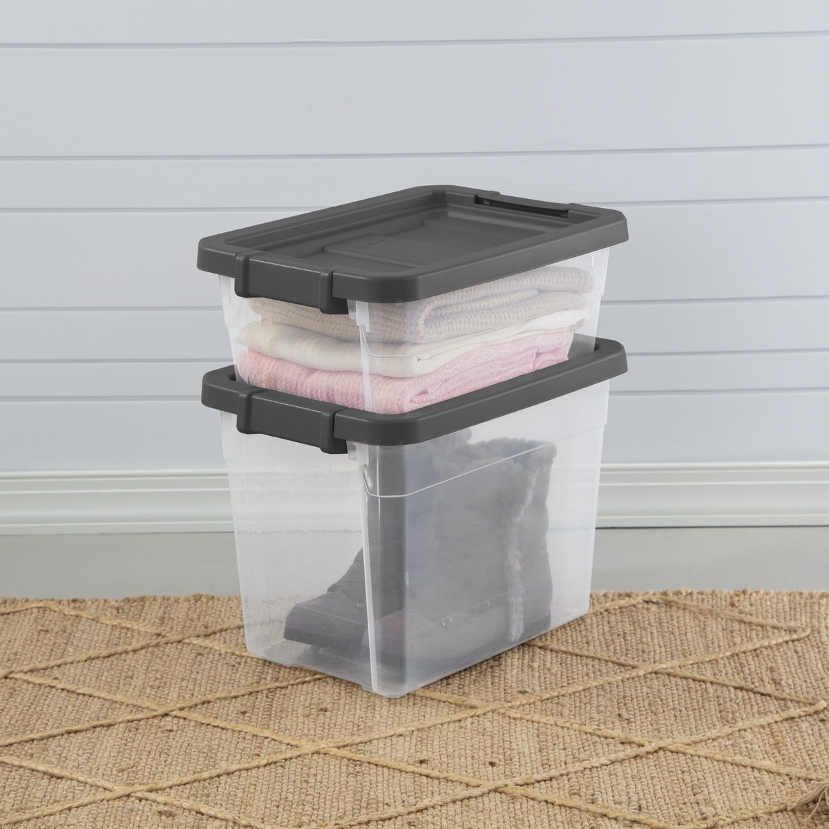 Sterilite Small Storage Bin, 30 Quart Clear Plastic Storage Container with Latch Lid, Dark Gray, Pack of 6