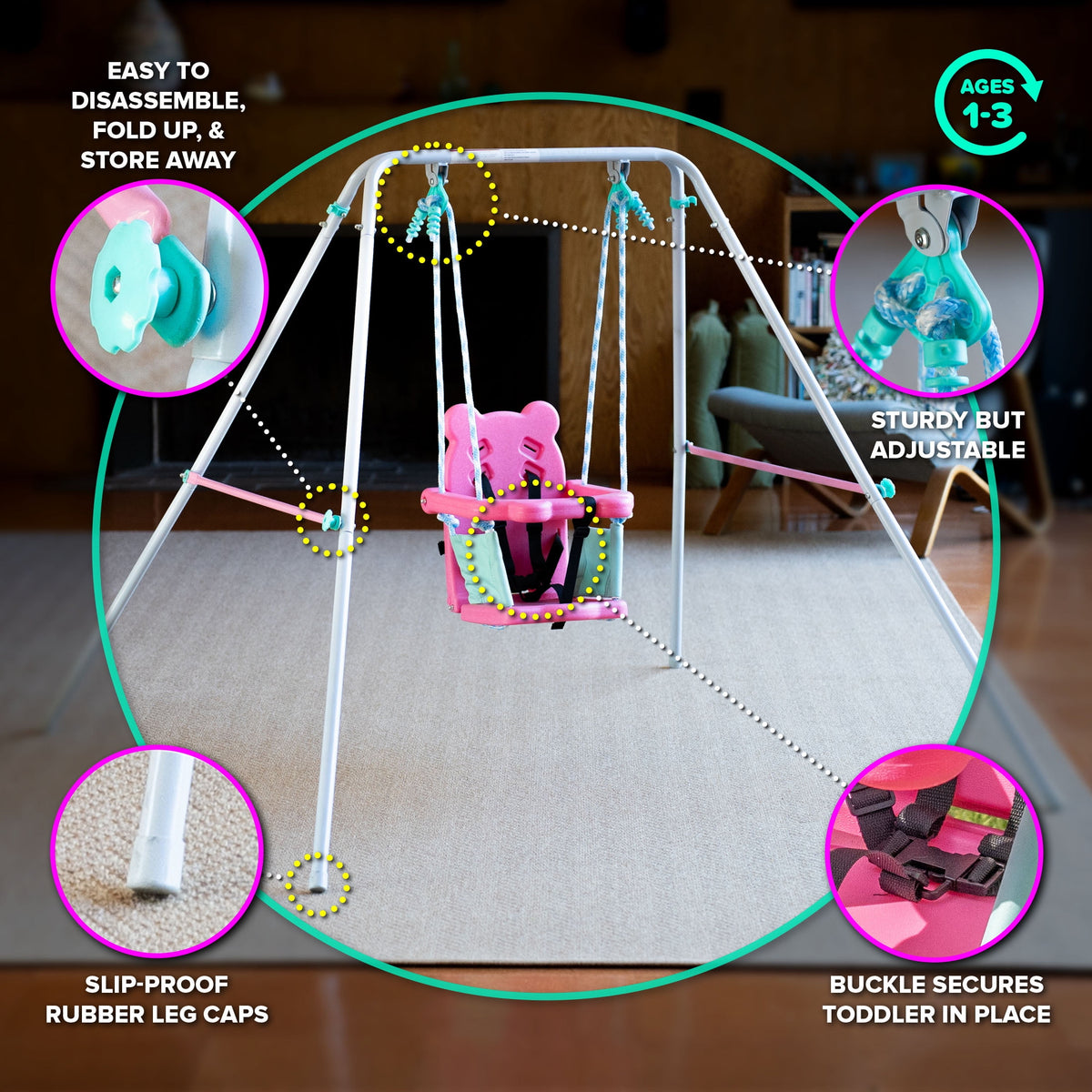 Sportspower Indoor/Outdoor My First Toddler Metal Swing with Safety Harness, Foldable Frame