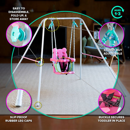 Sportspower Indoor/Outdoor My First Toddler Metal Swing with Safety Harness, Foldable Frame