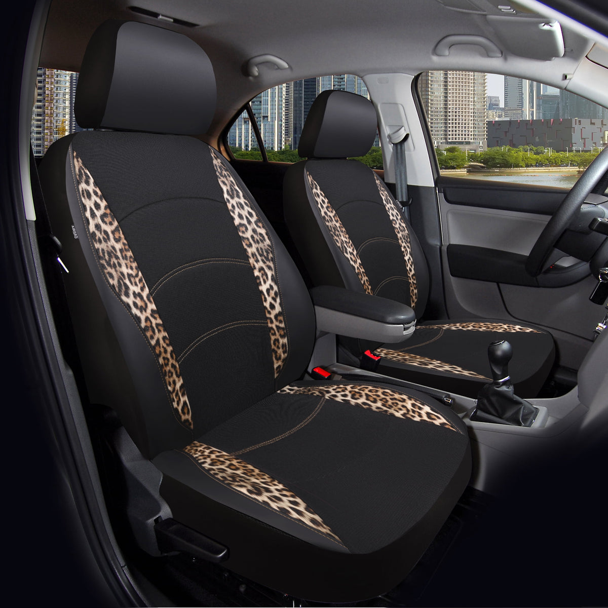 Auto Drive Leopard Leatherette & Black Waffle Fabric Front Car Seat Cover, Universal Fit for Cars Trucks and Suvs,2 pack