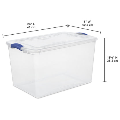 Sterilite Large Latching Storage Bin, 66 Quart Clear Plastic Storage Container with Clear Lid, Blue Latch, 6 Pack