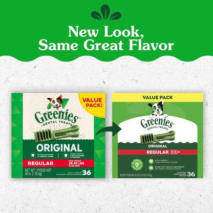 Greenies Original Flavor Natural Dental Dog Treats, Regular Size, 36 oz Pack, 36 Count