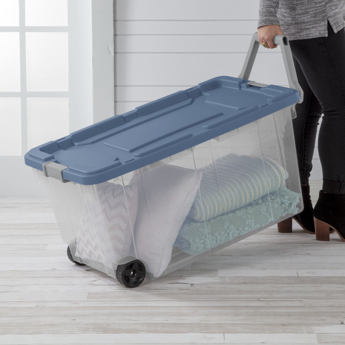 Sterilite Extra-Large Wheeled Rugged Storage Bin, 160 Quart Durable Clear Storage Container with Latching Lid and Pull Handle, Blue, 2 Pack