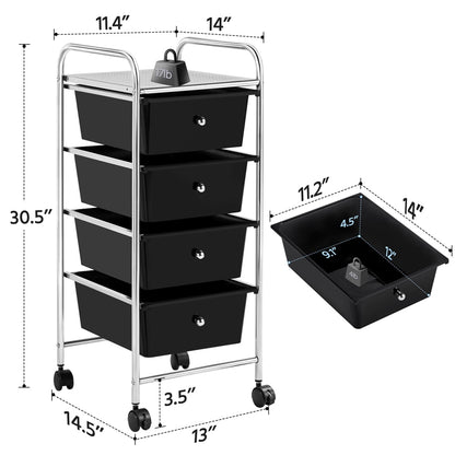 Renwick Rolling Trolley Storage Cart Bin with 4 Plastic Drawers on Wheels, Black