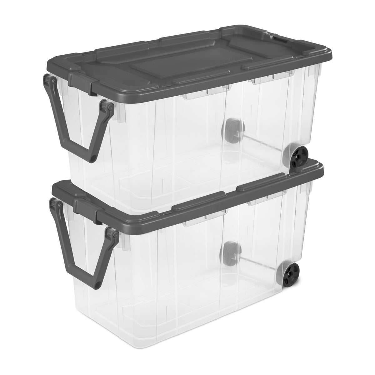 Sterilite Extra-Large Rugged Wheeled Storage Bin, 160 Quart Durable Clear Storage Container with Latching Lid and Pull Handle, Dark Gray, 2 Pack