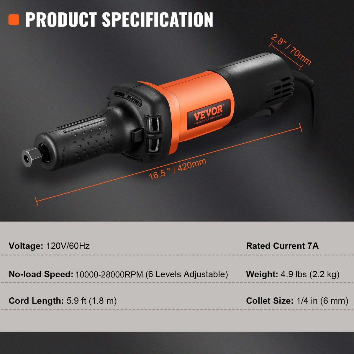 SKYSHALO Die Grinder, 1/4" Collet Variable Speed (7000-30000RPM), Heavy Duty Electric, Ergonomic Grip for Rust Removal, Grinding, Cutting, Polishing, Welding Repair