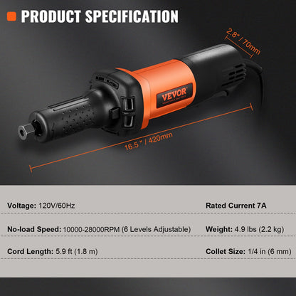 SKYSHALO Die Grinder, 1/4" Collet Variable Speed (7000-30000RPM), Heavy Duty Electric, Ergonomic Grip for Rust Removal, Grinding, Cutting, Polishing, Welding Repair