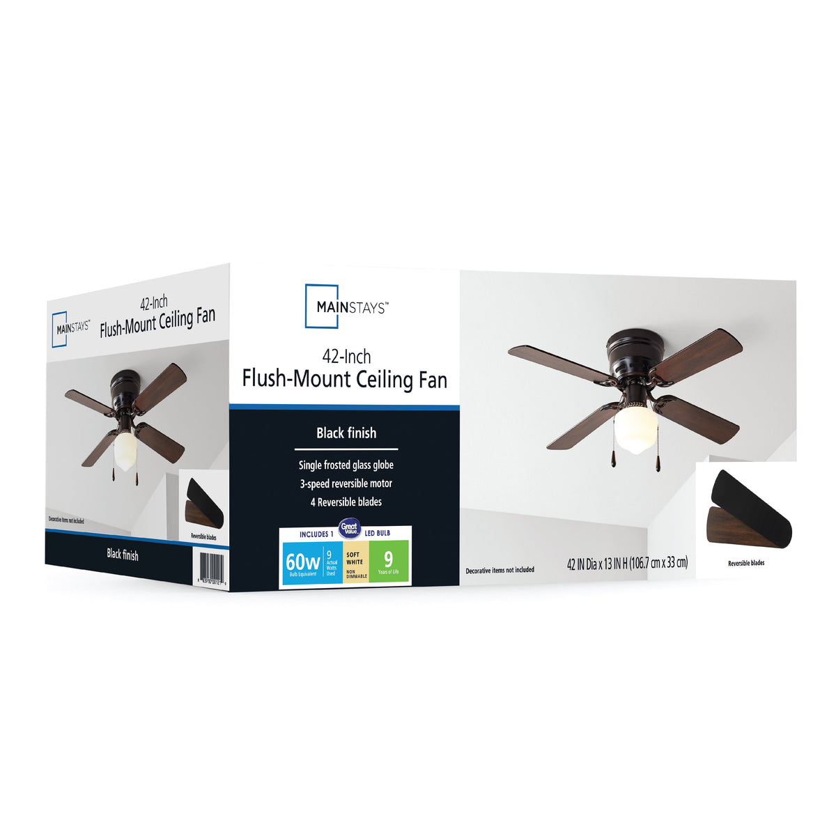 Mainstays 42 in Hugger Indoor Ceiling Fan with Light Kit, Black, 4 Blades, Reverse Airflow