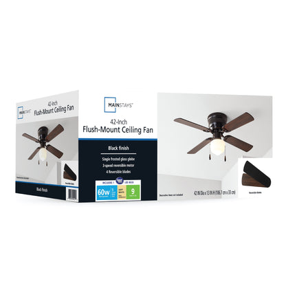 Mainstays 42 in Hugger Indoor Ceiling Fan with Light Kit, Black, 4 Blades, Reverse Airflow
