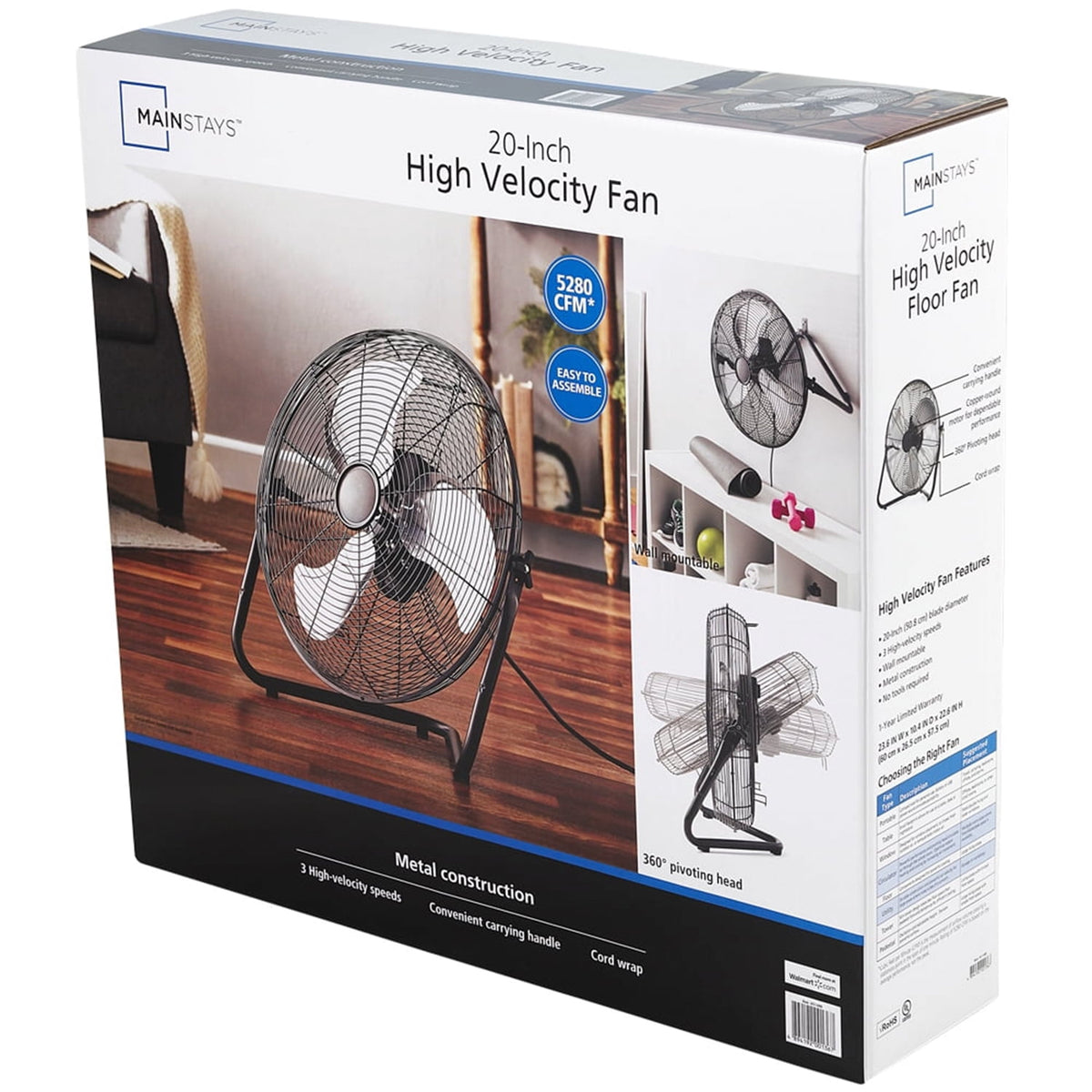 Mainstays 22.64 inch Black Floor Fan with 3 High Velocity Speeds, Tilt Mechanism