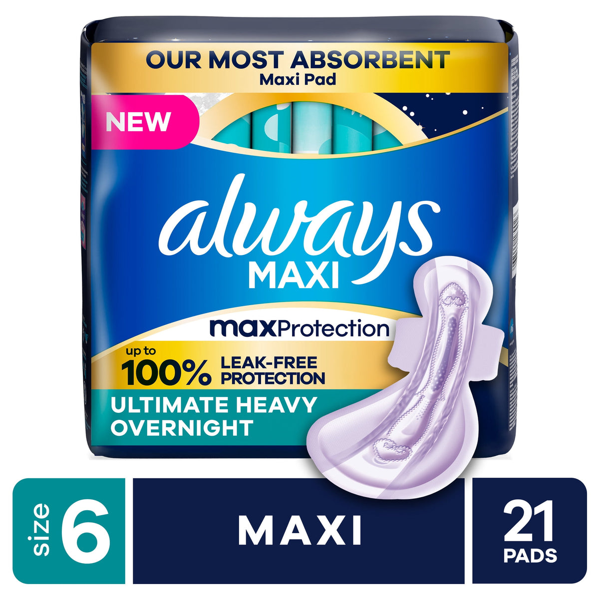 (4 pack) Always Maxi Overnight Pads with Wings, Size 6, 21