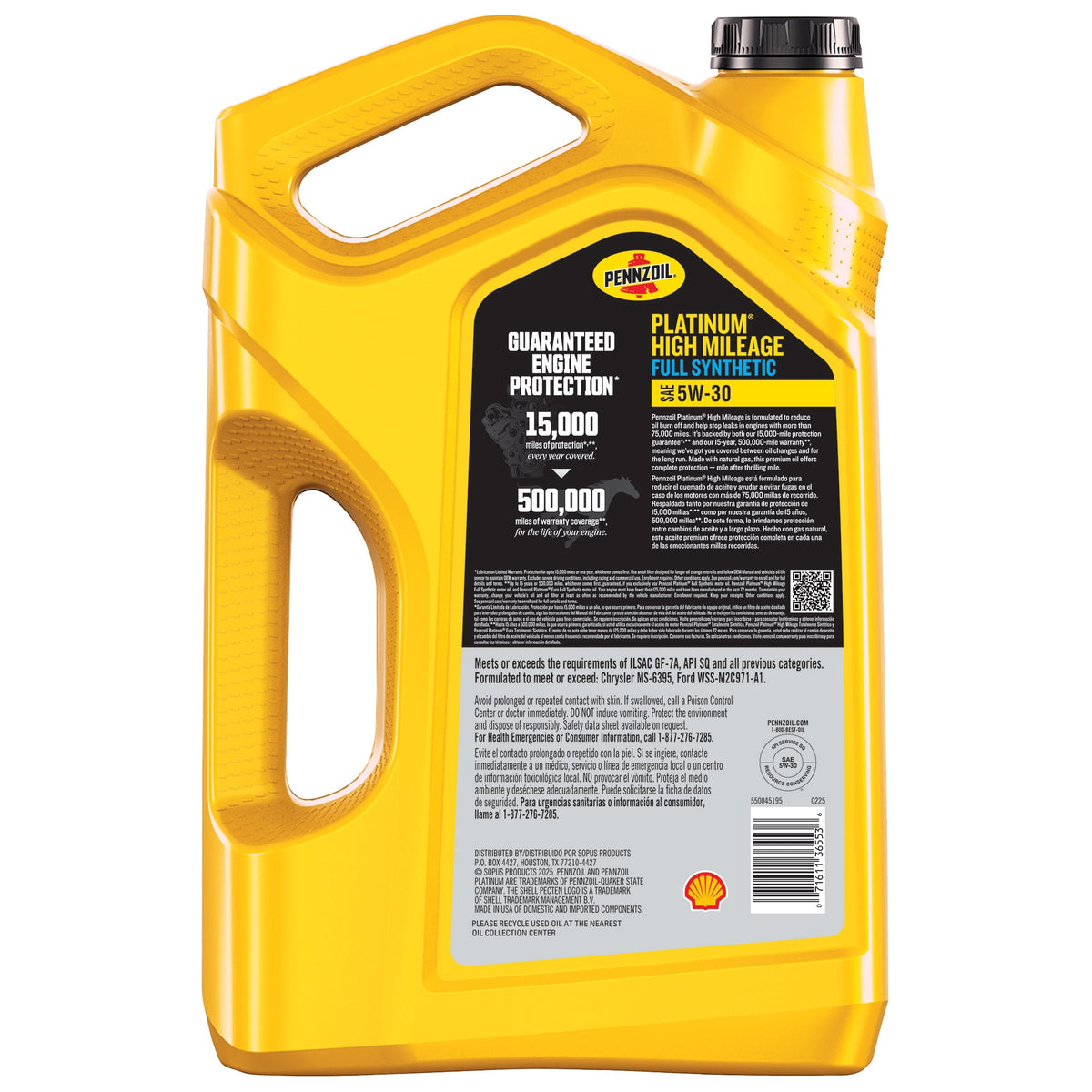 Pennzoil Platinum High Mileage Full Synthetic 5W-30 Motor Oil, 5 Quart