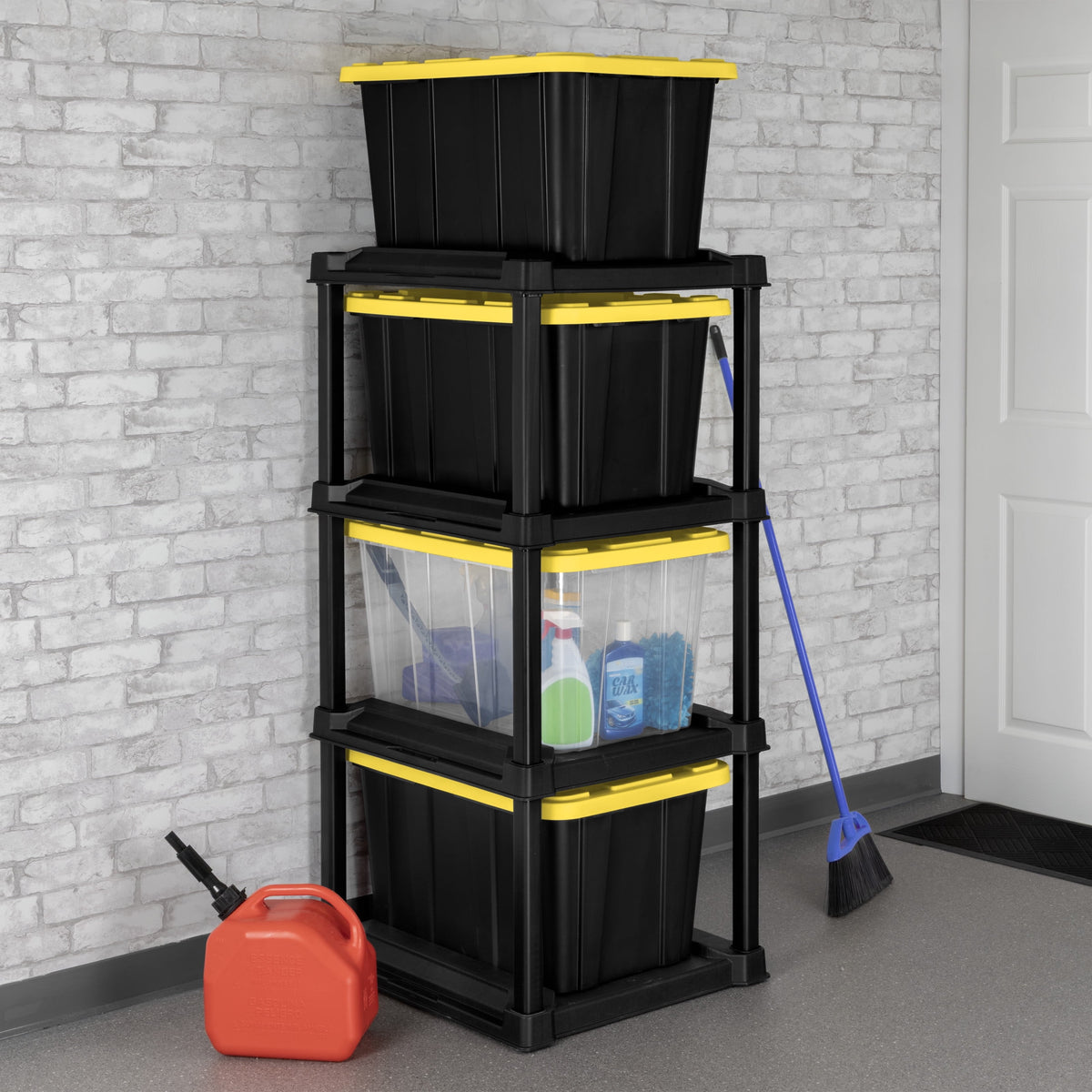4 Tier Tote Rack, Holds Four 27 Gallon Industrial Storage Totes, Heavy Duty Plastic Garage Storage Organizer, Vertical Easy-Access No-Stacking Design, Black