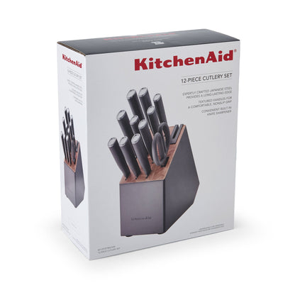 KitchenAid Classic 12-Piece Japanese Steel Knife Block Set with Built-in Knife Sharpener, Charcoal Gray