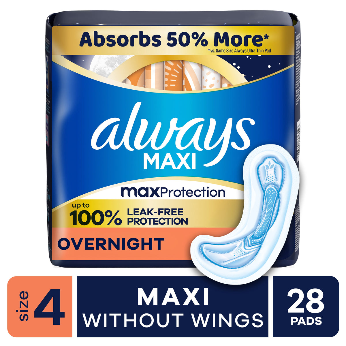 (6 pack) Always Maxi Pads without Wings, Size 4, Overnight Absorbency, 28 count