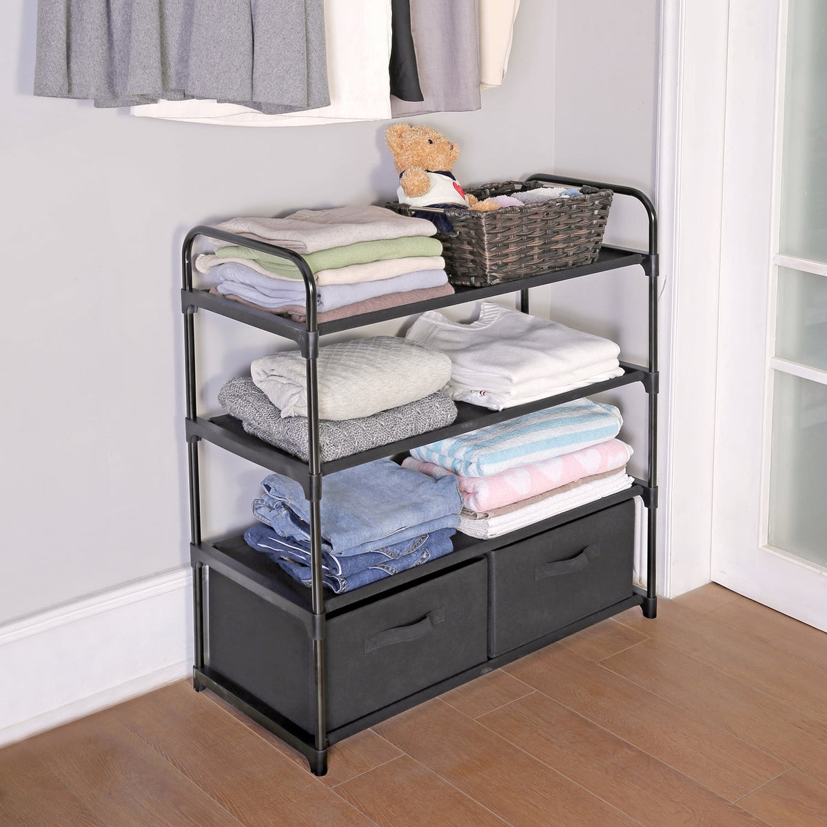 Mainstays 4-Shelf Closet Organizer with 2 Fabric Bins, Black, Metal Frame