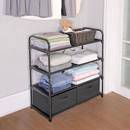 Mainstays 4-Shelf Closet Organizer with 2 Fabric Bins, Black, Metal Frame