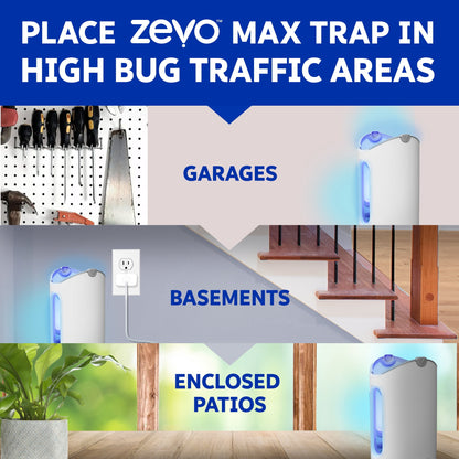 Zevo Max Flying Insect Indoor Fly Trap: Easy, Mess-Free Solution - Light Trap Catches & Kills House Flies, Fruit Flies, Gnats, & More (1 Plug in Device & 2 Cartridges)