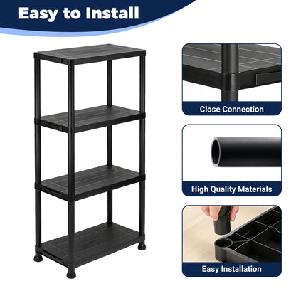 Plastic Shelves, 4-Shelf Storage rack, Multi-Purpose Storage Shelf, Plastic Storage Shelves for Storage Easy to Assemble for Garage Basement Kitchen Office Bedroom Bathroom