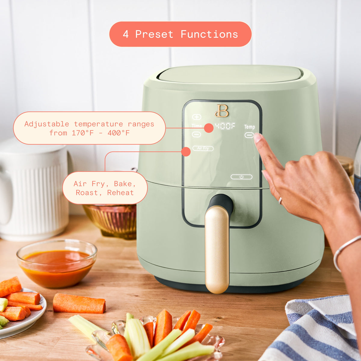 Beautiful 3 Qt Air Fryer with TurboCrisp Technology, EverGood Ceramic Nonstick Coating, Sage Green by Drew Barrymore
