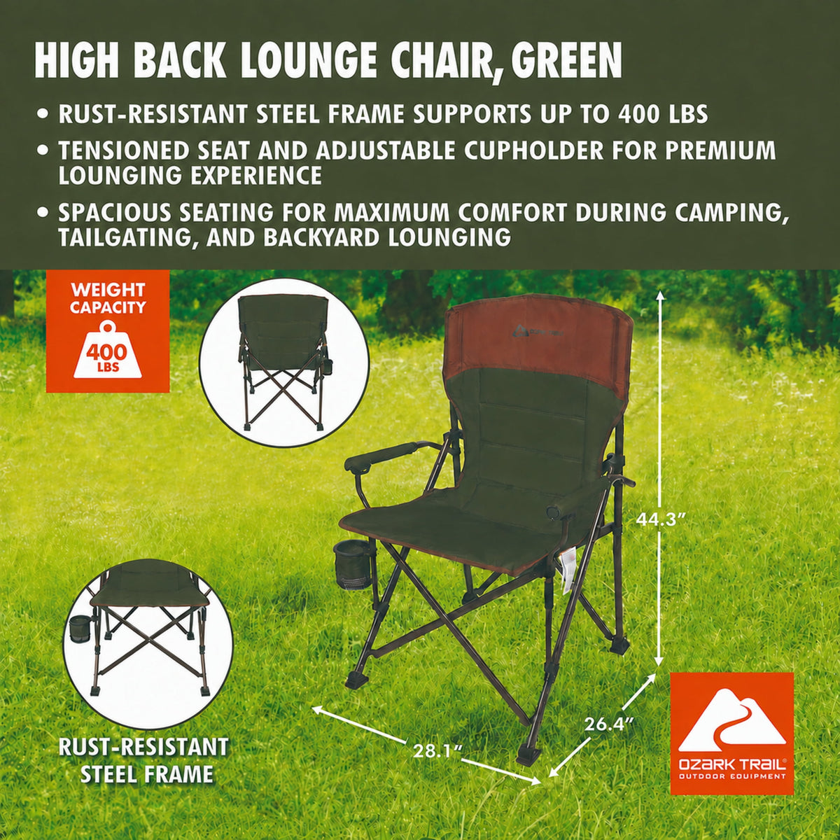 Ozark Trail Heavy Duty Hard Arm Camp Chair, Adjustable Cupholder, Tensioned Seat Fabric, Brown