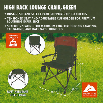 Ozark Trail Heavy Duty Hard Arm Camp Chair, Adjustable Cupholder, Tensioned Seat Fabric, Brown