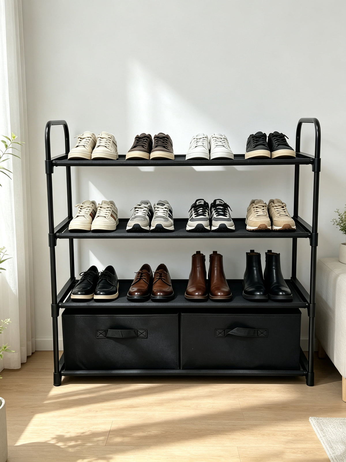 Mainstays 4-Shelf Closet Organizer with 2 Fabric Bins, Black, Metal Frame