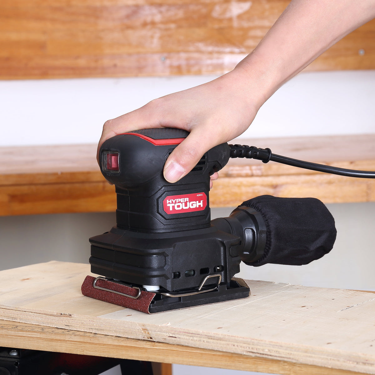 Hyper Tough 2 Amp Corded 1/4-Sheet Palm Sander with Dust Bag, Vacuum Hose Adapter, Punch Plate & 3 Sanding Sheets